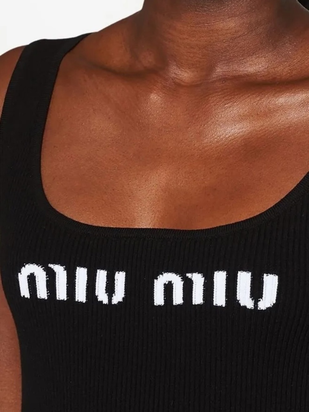Miu Miu Black Ribbed Tank with White Logo US size 2 US XS-- IT size 38